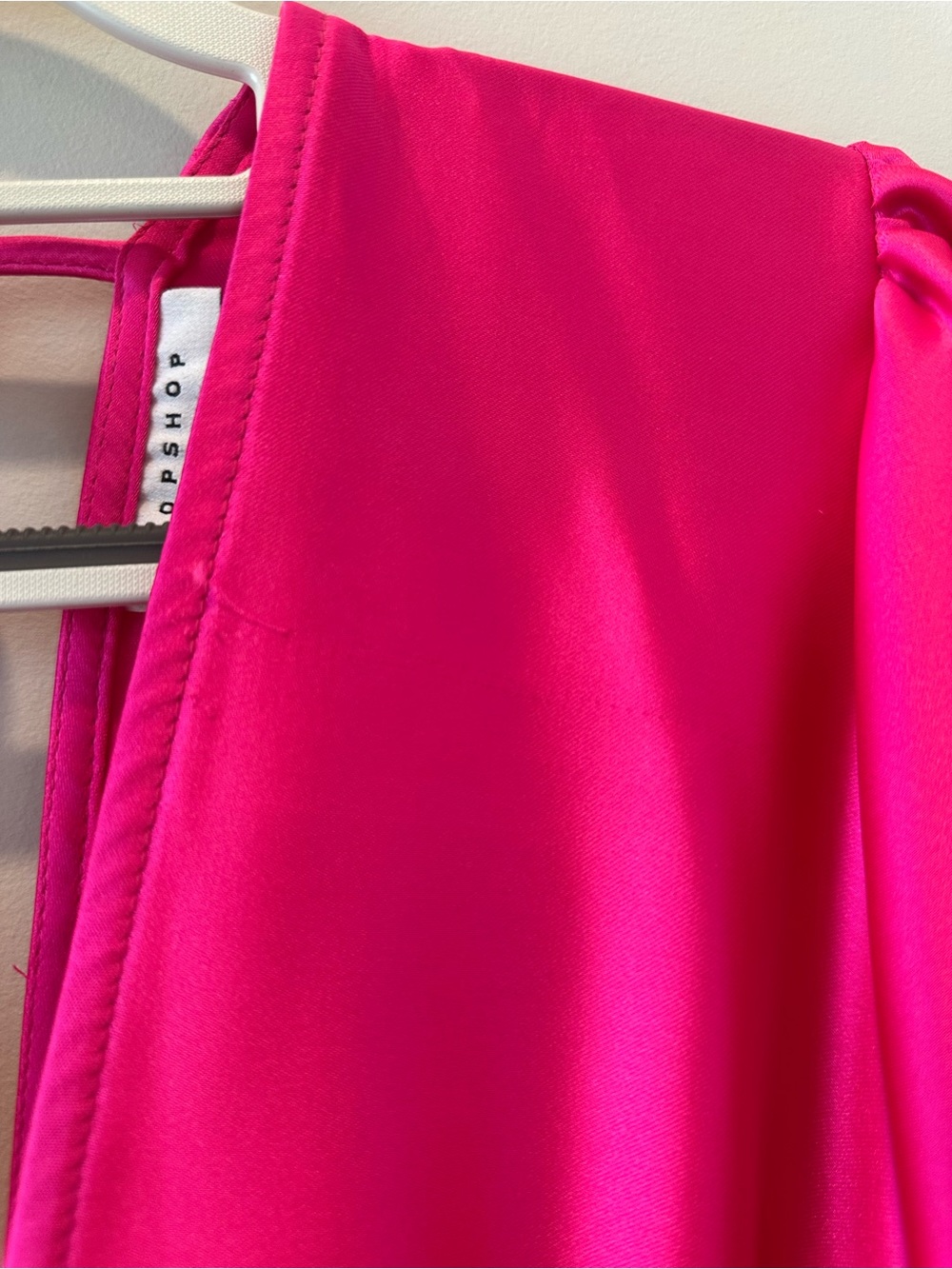 Topshop Satin Long Sleeve V Neck Bright Hot Pink Peplum Mini Dress Wedding Guest - Picture 11 of 14